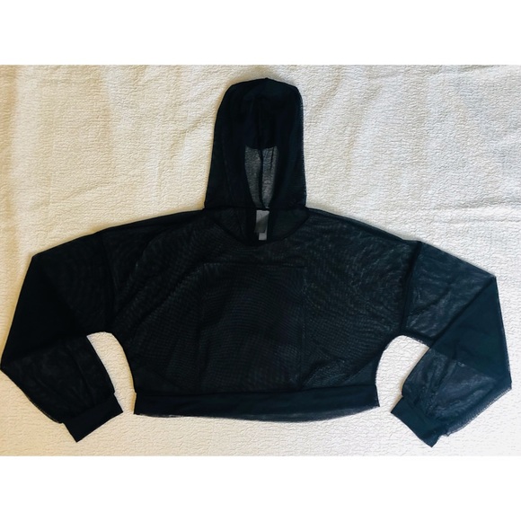 Embellished Graphic Mesh Crop Top Hoodie w/ 3D Raised Detailing. - Picture 4 of 10